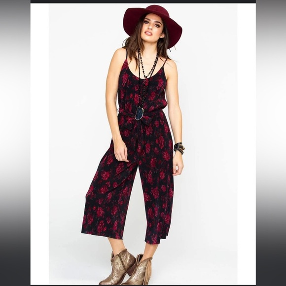 Eyeshadow nwt floral jumpsuit boho classic ribbed wide leg belted rose spring - Picture 1 of 5
